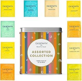 Goodwyn Assorted Herbal Tea Sampler Gift Box (20 Tea Bags) – 10 Flavors x 2 Each | Tulsi, Kahwa, Turmeric, Assam, Green, Lemon, Earl Grey, Masala, Chamomile, Peppermint | Reusable Tin Can
