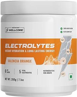 Wellcore Electrolyte Powder (40 Servings, 200gm) | Valencia Orange | Drink With 5 Vital Electrolytes: Na, Mg, Ca, K, PO4 | Sugar Free Electrolyte | Instant Energy & Hydration Solution
