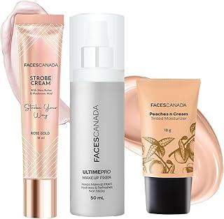 FACES CANADA Dewy All Day Combo - Strobe Cream - Rose Gold (18 ml) + Tinted Moisturizer - Light 01 (18 gm) + Ultime Pro Makeup Fixer (50 ml) |Illuminating & Glowing Makeup Base | Long Lasting Makeup Setting Spray | Tinted BB Cream