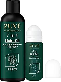 ZUVÉ COSMETICS Hair Oil & Roll-On Deodorant Combo - 7-in-1 Herbal Hair Oil for Stronger Hair & Alcohol-Free Roll-On for 48H Odor Protection | Hair Nourishment + Underarm Freshness | 100ml + 50ml