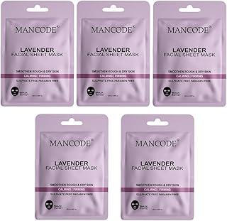 Mancode Lavender Facial Sheet Mask 25ml Promotes Soft and Smooth Skin Firming Cleansing Pore Reducing Brightening and Enhances Daily Glow Korean Sheet Mask for Men Women Set Combo Pack of 5