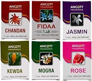 Ancott Combo of - 6 Roll-On Scent | Rose, Kewda, Mogra, Chandan, Fidaa & Jasmine | 1.7ml each| Compact Perfume Applicator | Pocket-Friendly Fragrance