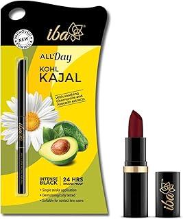 Iba Halal Care Pure Lips Moisturizing Cream Finish Lipstick Shade - A72, Maroon Burst, 4g and Halal Care All Day Kohl Kajal with Matte Finish - Jet Black, 0.35g
