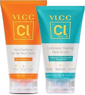 VLCC Clinic 2X AHA De Tan Kit - Skincare routine for tan removal | De-Tan Face Wash with Glycolic Acid - 150 ml, Cellulosic Peeling Face Scrub - 100 g with Niacinamide. Skincare combo for bright skin
