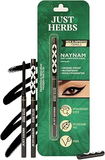 Just Herbs Naynam Day- Long Kohl Kajal | Cyclosiloxane-Free | Almond Oil + Vitamin E | Intense Black | 24-Hour Stay, Smudg