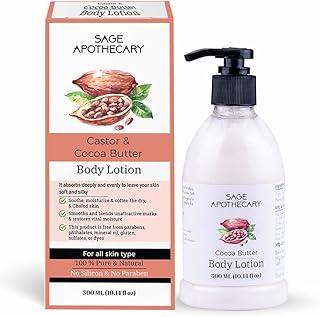 Sage Apothecary 100% Pure Natural Castor & Cocoa Butter Body Lotion for Deep Moisturizing, Hydrating, Soft & Silky Skin|Boost Collagen for Men Women|Parabens Silicones free - 300ML
