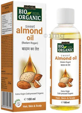 Indus Valley Bio Organic Cold Pressed Sweet Almond Oil for Hair & Skin bottle of 100 ml oil