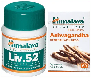 Himalaya Wellness Pure Herbs Ashvagandha Tablet (60) & Himalaya Liv. 52 Tablet (100) combo pack of 2 bottles