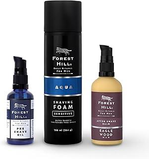 Forest Hill Set of 3 Luxury Men Grooming Shaving Kit, Aqua Shaving Foam 266 ml, Eaglewood Alcohol Free After Shave Balm 100ml, Pre Shave Oil 50ml, Soften Hair, Hydrate & Protect Skin, Suitable For All Skin Types