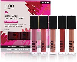 Enn Long Lasting Semi Matte Liquid Lipsticks with 12 Hour Coverage, Transferproof, Highly pigmented Goodness of Natural Ingredients with Intense Color Compact (Pack of 5)