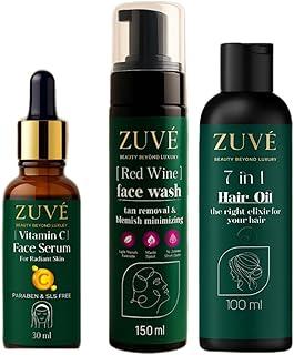 ZUVÉ COSMETICS Vitamin C Serum, Red Wine Face Wash & Herbal Hair Oil Combo - Clean Face, Radiant Skin & Strong Hair | 30ml + 100ml + 100ml-1