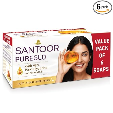 Santoor PureGlo Glycerine Soap with Almond Oil and Glycerine, 125g (Pack of 6) for Nourish
