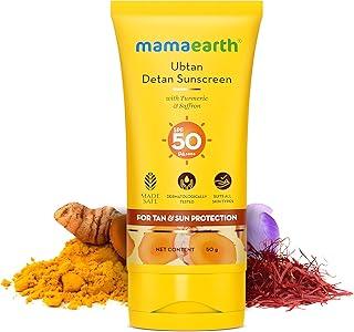 Mamaearth Ubtan Detan Sunscreen With Turmeric & Saffron | SPF 50 & PA++++ for UVA/B Protection | Tan Protection | Brightens Skin | Non-Greasy & Lightweight | No White Cast | For All Skin Types | 50 g