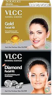VLCC Gold Facial Kit & VLCC Diamond Facial Kit - 60g Each (Pack of 2) | Pamper your Skin for a Luminous Glow | Skin purifying with Parlour Glow | With Gold Bhasma, Colloidal Diamond & Aloe Vera