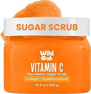 WildOak Vitamin C Sugar Body Scrub | 300g | Kojic Acid, Hyaluronic Acid, Ceramides, Collagen & Peptides | De-Tan & Brightens Dark Areas | Smooths Strawberry Legs & Arms | Hydrates & Exfoliates