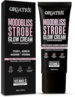 Orgatre Strobe Glow Cream for Instant Face Radiance | Primer Highlighter Moisturizer with Vitamin C, Almond Oil, Niacinamide & Hyaluronic Acid | Makeup Base for Oily Acne-Prone Skin | Pink Shade | 30g