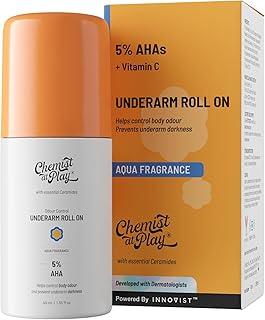 Chemist at Play UnderArm Roll-On with 5% AHA, Lactic Acid & 1% Mandelic Acid | Prevents Body Odour, Brightens Skin & Exfoliates Underarm | Fades Pigmentation & Kills Bacteria | For Sensitive Skin | Aqua Fragrance | Alcohol Free - 40ml