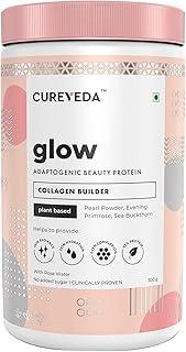 Cureveda Glow Veg Collagen Builder Powder (300g) for Brighter & Youthful Skin, Plant-Based Supplement with Rose Water, Veg Beauty Protein, Evening Primrose 100IU, No Added Sugar