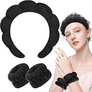 Homeaura® 3 Piece Skincare Facial Headband and Wrist Band Set for Girls and Women | Soft Makeup Hairband for Skincare Face Washing Facial Spa Shower | Stretchable Face and Hand Band for Women (Black)