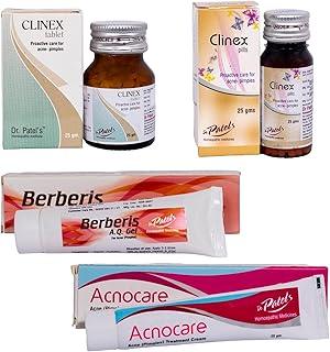 Dr. Patel's Clinex Pills, Clinex Tablets, Acnocare Cream, and Berberis Gel Combo for Skin Conditions, Extracts and Dries Pustules, Bumps, Blackheads, and Pimples of All Types of Acne