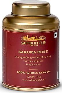 Saffron Cup Sakura Rose Green Tea – 100g | Premium Loose Leaf Blend with Soothing Floral Aroma & Uplifting Taste | 100% Natural (Airtight Double-Lid Tin)