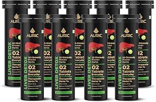 Auric Liver Detox Supplement | 180 Tablets Fizzy Water with 10 Ayurvedic Herbs | Clinically Researched Therapeutic Ingredi