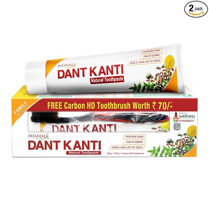Patanjali Dant Kanti Toothpaste Value Pack (200g x 1N and 100g x 1N : 300 g) and Toothbrus