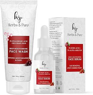 Herbs and Pure Deep Moisturising 5% Hyaluronic Acid and Red Grapes Face Wash(100 ML) for Dark Spots & 5% Kojic Acid and 7% Alpha Arbutin Face Serum(10 ML) for Tan Removal - Pack of 2