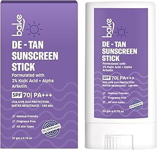 BAKE De-Tan Water Resistant Sunscreen Stick SPF 70 PA++++ with 2% Kojic Acid & Alpha Arbutin | Lightweight, No White Cast | For All Skin Types | For Pigmentation & Dark Spots - 20g