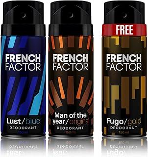 The French Factor Real Frargrance Body Spray Combo for Men: Man of the Year Original, Lust Blue & Fugo Gold (150ml, Pack of 3)