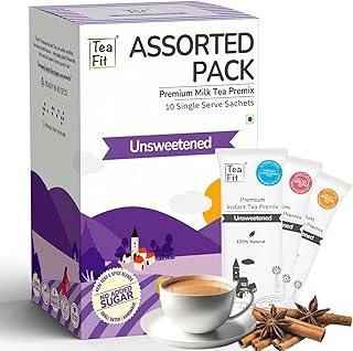 TeaFit Premium NO SUGAR Instant Assorted Tea Premix | Pack of 10 Sachets (140gm) | Real Milk | Ginger-Cardamom-Masala-Saffron-Lemongrass Instant Tea | Diabetic Friendly | No Added Sweeteners