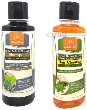 Khadi Pure Combo Pack of Herbal Heena & Tulsi Extra Conditioning Hair Cleanser & Herbal Amla & Bhringraj Shampoo SLS & Paraben Free (210ml Each) combo pack of 2 bottles