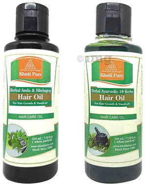 Khadi Pure Combo Pack of Herbal Ayurvedic 18 Herbs Hair Oil & Herbal Amla & Bhringraj Hair Oil (210ml Each) combo pack of 2 bottles