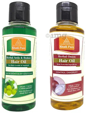 Khadi Pure Combo Pack of Herbal Amla & Brahmi Hair Oil & Herbal Onion Hair Oil (210ml Each) combo pack of 2 bottles