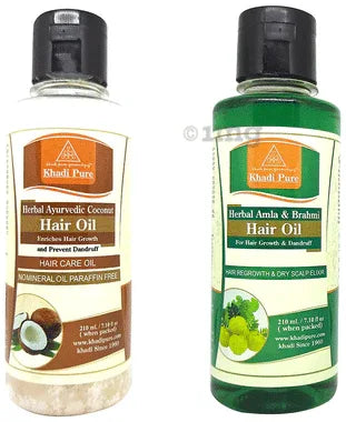 Khadi Pure Combo Pack of Herbal Amla & Brahmi Hair Oil & Herbal Ayurvedic Coconut Hair Oil (210ml Each) combo pack of 2 bottles