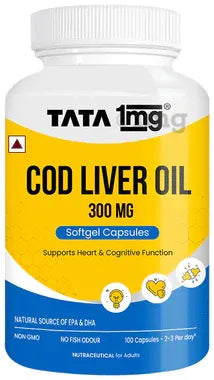 Cod Liver Oil Capsule | Omega-3 & Vitamin A for Bone & Heart Health | by Tata 1mg bottle of 100 capsules