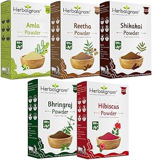 Herbal gram Pure and Natural Amla Reetha Shikakai Bhringraj Hibiscus Powder 500gm Pack For Hair Care & Mask For All Types Of Hairs Pack of 5 x 100gm for Men and Women