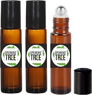 Speaking Tree 10ml Premium Empty Refillable Reusable Roll on Glass Bottles for Essential oils, DIY Perfumes, Cosmetics, Blends - Set of 3, Black Cap