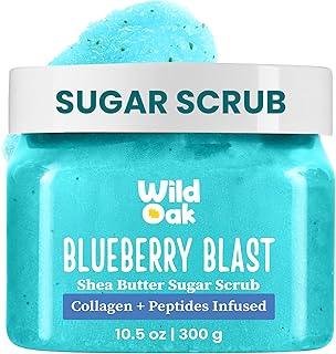 WildOak Blueberry Blast Sugar Body Scrub | 300g | Kojic & Hyaluronic Acid, Ceramides, Collagen & Peptides | De-Tan & Brightens Dark Areas | Smooths Strawberry Legs & Arms | Hydrates & Exfoliates
