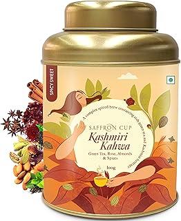 Saffron Cup Kashmiri Kahwa Green Tea – 100g | Premium Blend with Saffron-Infused Flavor, Cardamom, Rose Petals, Cinnamon & Almonds (Airtight Double-Lid Tin)