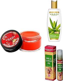 Vaadi Herbals Aloe Vera Deep Pore Cleansing Milk, 350ml & Vaadi Herbals Lip Balm, Strawberry and Honey, 10g & Vaadi Herbals Nail and Cuticle Oil with Jojoba Oil, 10ml