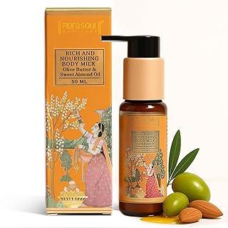 FloraSoul Ayurveda Body Milk, Deep Hydration and Nourishment, Non-Sticky, Lightweight and Fast-Absorbing, Soothes Dry and Sensitive Skin, With Olive Butter and Sweet Almond Oil, Paraben-Free, 50ML