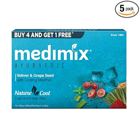 Medimix Ayurvedic Cool Bathing Soap With Menthol, Vetiver & Grape Seed 125Gm (Buy 4 And Ge