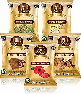 Online Quality Store Amla Reetha Shikakai, Bhringraj and Hibiscus Powder for Hair |Aritha|Ritha|Soapnuts|Indian Gooseberry |organic Bhringraj |Hibiscus /gudhal /gudhal fool powder(Pack of 5 ,50g each ,Total 250g Pack)