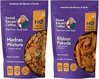 Sweet Karam Coffee’s South Indian Crunchy Combo Pack - Ribbon Pakoda & Special Madras Mixture | No Maida & No Vanaspati, Zero Trans Fat, Heart-healthy Oil | Authentic Taste of Tradition (95g Each)