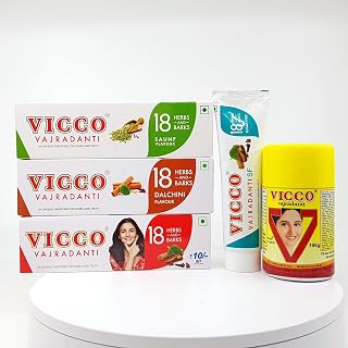 Vicco Vajradanti Toothpaste Saunf Flavour + Dalchini Flavour + Sugar Free Paste + Vajradanti Regular Paste + Tooth Powder