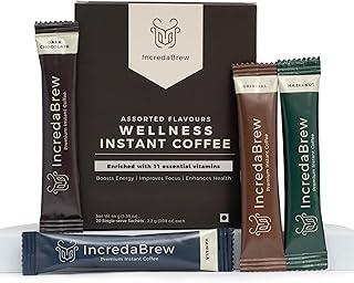 IncredaBrew Assorted Flavours Wellness Instant Coffee Powder - 20 Cups, Vitamin Rich Flavoured Coffee, 4 Flavours x 5 Flavoured Instant Coffee Sachets (2.2g) | Gold Blend