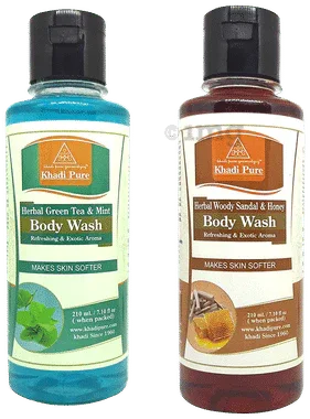 Khadi Pure Combo Pack of Herbal Green Tea & Mint Body Wash & Herbal Woody Sandal & Honey Body Wash (210ml Each) combo pack of 2 bottles