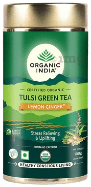 Organic India Lemon Ginger Tulsi Green Tea tin of 100 gm tea