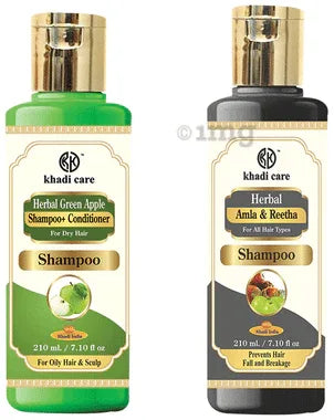 Khadi Care Combo Pack of Green Apple Shampoo + Conditioner & Amla & Reetha Shampoo (210ml Each) combo pack of 2 bottles